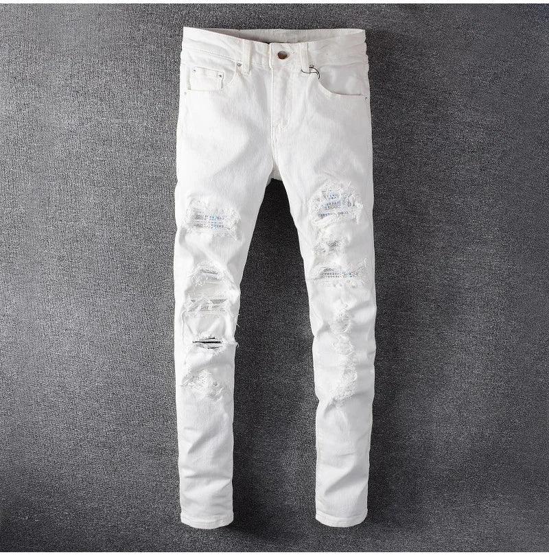Sokotoo Men's White Crystal Holes Ripped Jeans - ShopHub