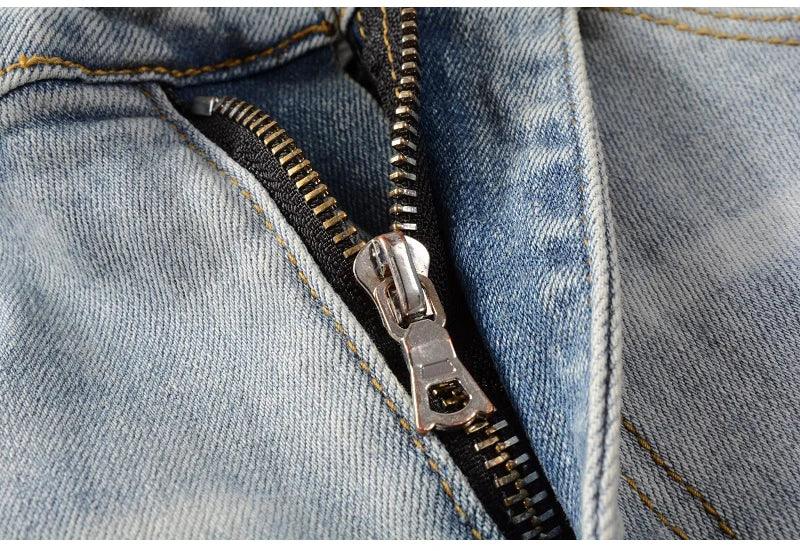 Men’s Light Blue Denim Ripped Patchwork Jeans - ShopHub