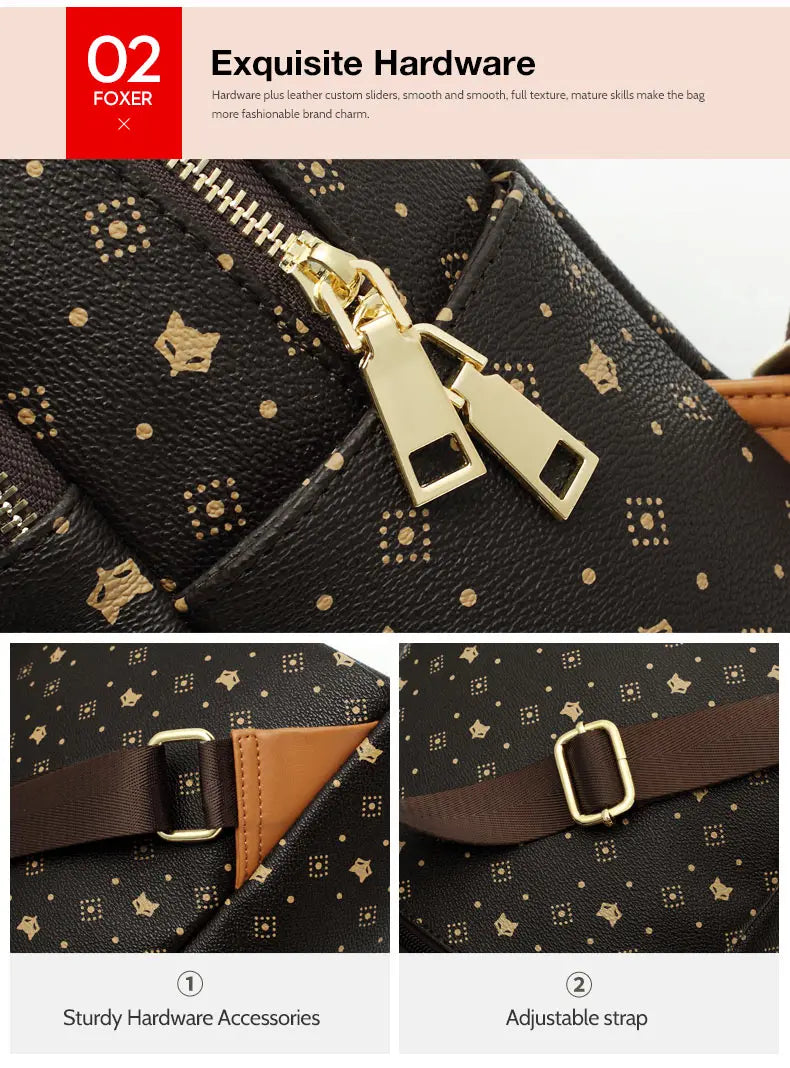 FOXER Women Backpack Signature PVC Printing Fashion Backpack Lady Travel Rucksack Female Retro Monogram Business Laptop Backpack