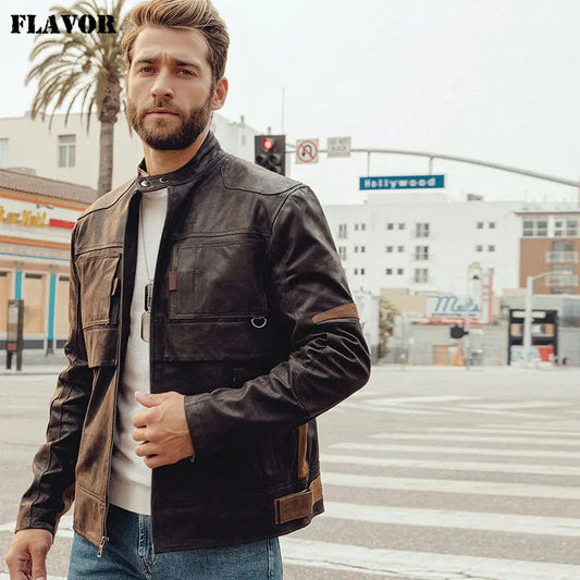 FLAVOR Men's Brown Leather Biker-Style Jacket – Road Heritage