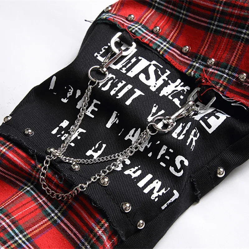 Men's Scotland Red Plaid Tartan Patchwork Jeans - ShopHub
