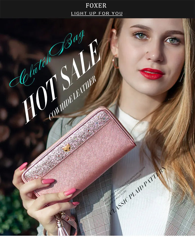 FOXER Women's Glitter Split Leather Long Wallet