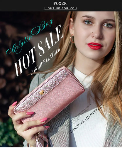 FOXER Women's Glitter Split Leather Long Wallet