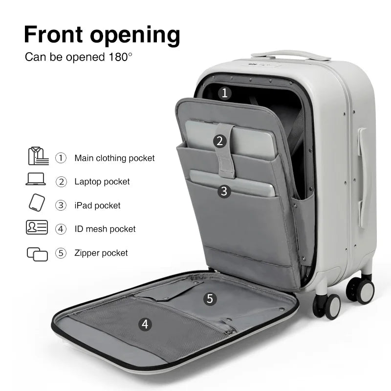 White suitcase with open front compartment showing various pockets labeled on a white background.