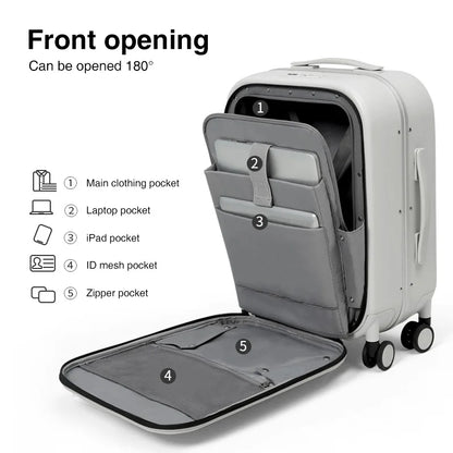 White suitcase with open front compartment showing various pockets labeled on a white background.