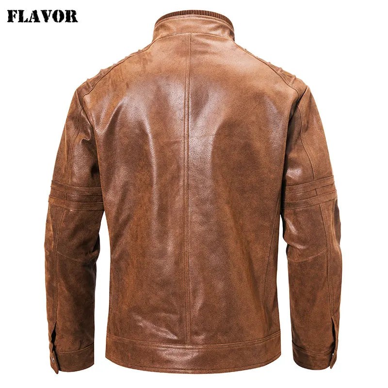 FLAVOR Men's Brown Leather Jacket – Stand-Collar Style
