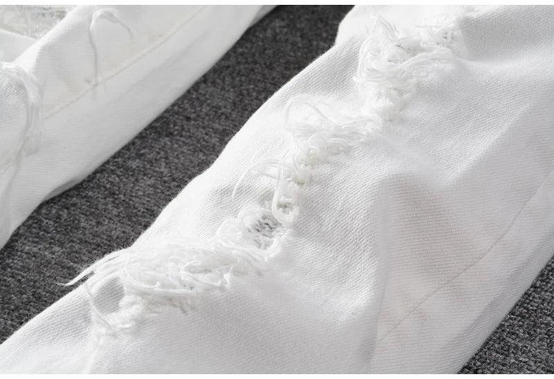 Sokotoo Men's White Crystal Holes Ripped Jeans - ShopHub