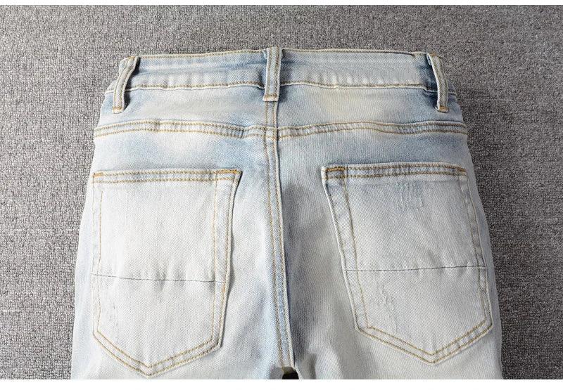 Men’s Light Blue Denim Ripped Patchwork Jeans - ShopHub