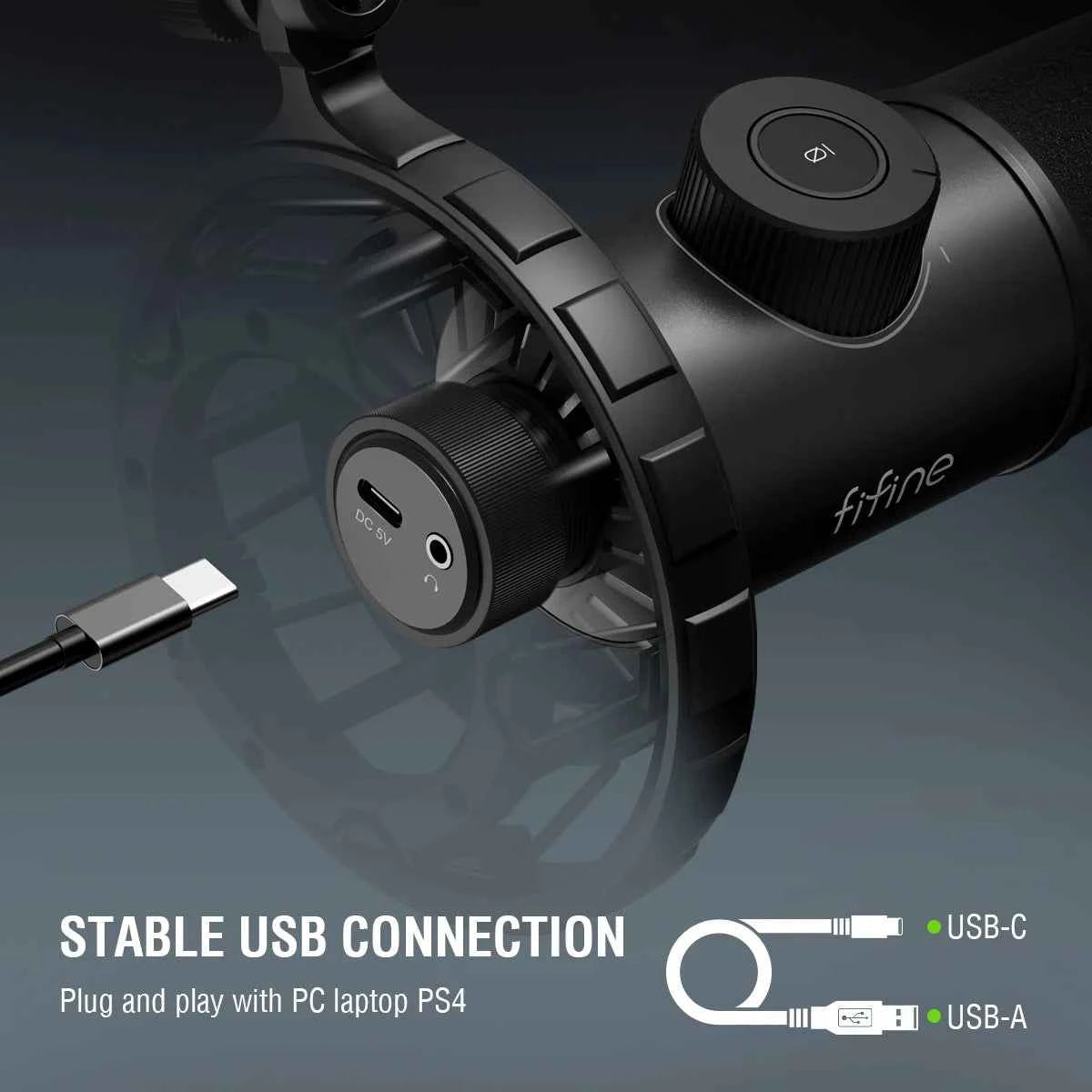 FIFINE gaming dynamic microphone with RGB lighting and easy control buttons, ideal for high-quality streaming and gaming audio.