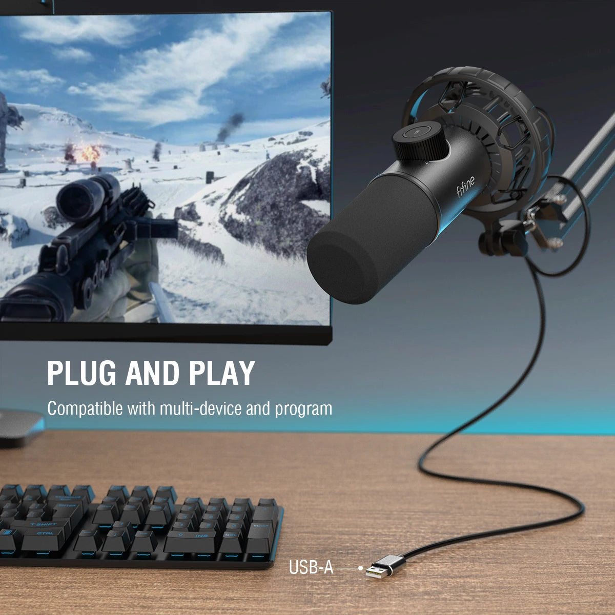 FIFINE dynamic gaming microphone with RGB lights and easy controls, shown with adjustable stand and colorful LED accents.