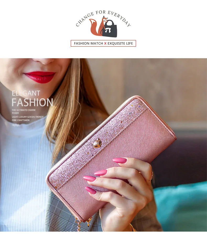 FOXER Women's Glitter Split Leather Long Wallet