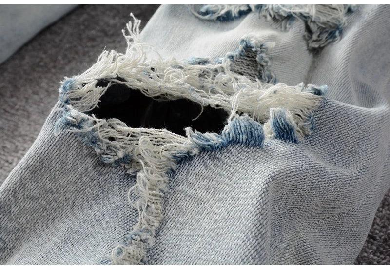 Men’s Light Blue Denim Ripped Patchwork Jeans - ShopHub