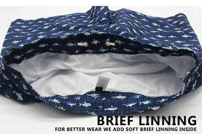 Men's summer swimming shorts with colorful print, mesh liner, polyester fabric, ideal for swimming, gym, and sports activities.