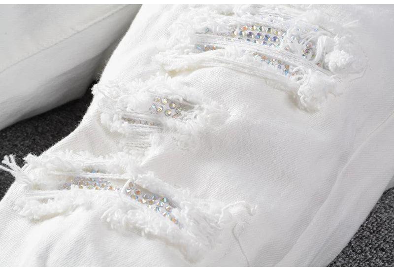 Sokotoo Men's White Crystal Holes Ripped Jeans - ShopHub