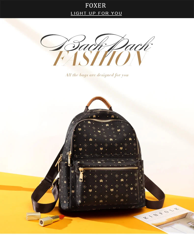FOXER Women Backpack Signature PVC Printing Fashion Backpack Lady Travel Rucksack Female Retro Monogram Business Laptop Backpack