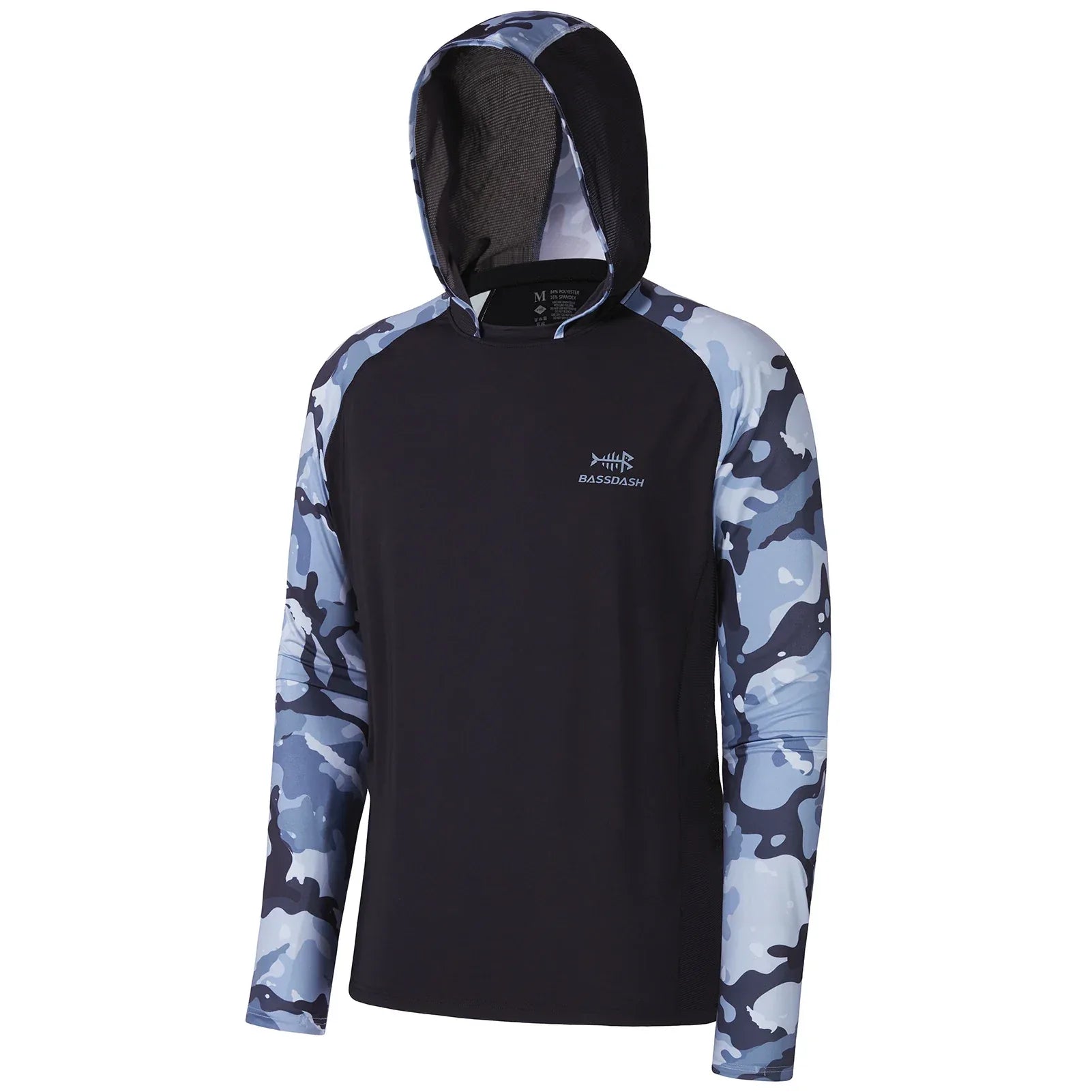 BASSDASH Men’s UPF 50 Performance Fishing Shirt Cooling Hoodie Black Blue Camo