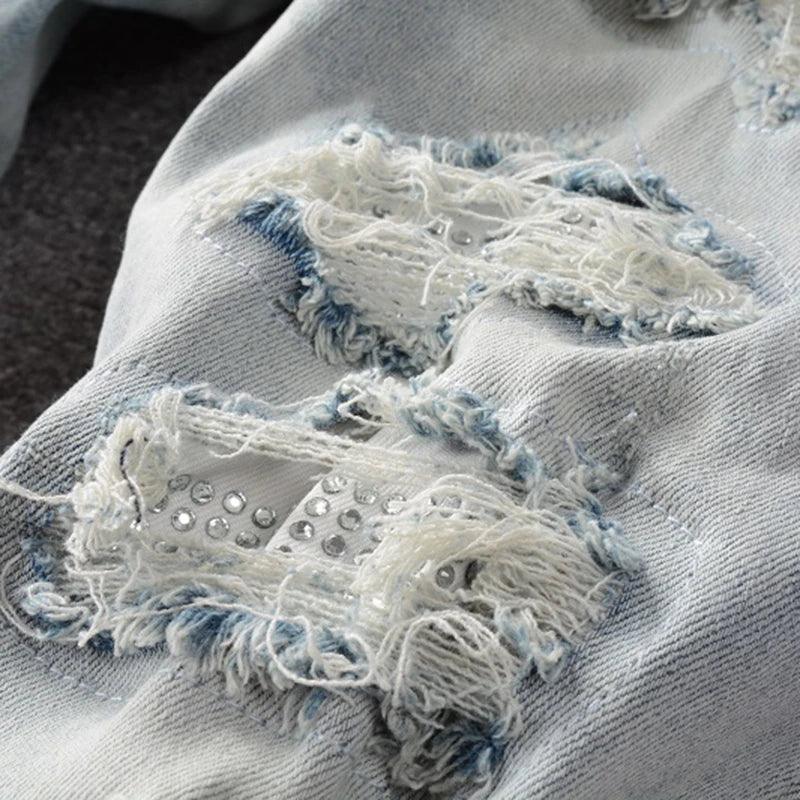 Men’s Light Blue Denim Ripped Patchwork Jeans - ShopHub