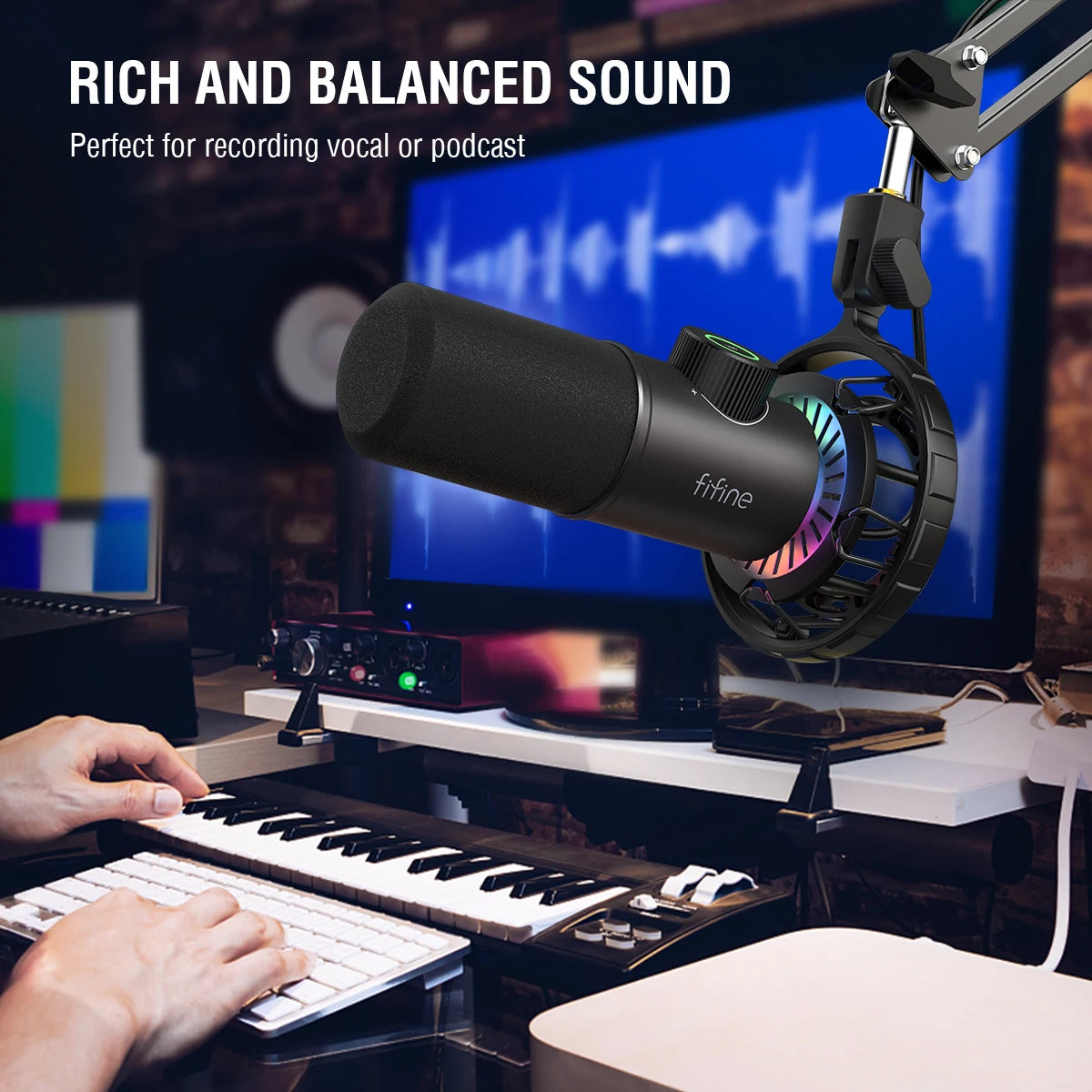 FIFINE gaming dynamic microphone with RGB lights and easy controls, ideal for high-quality gaming audio setup.