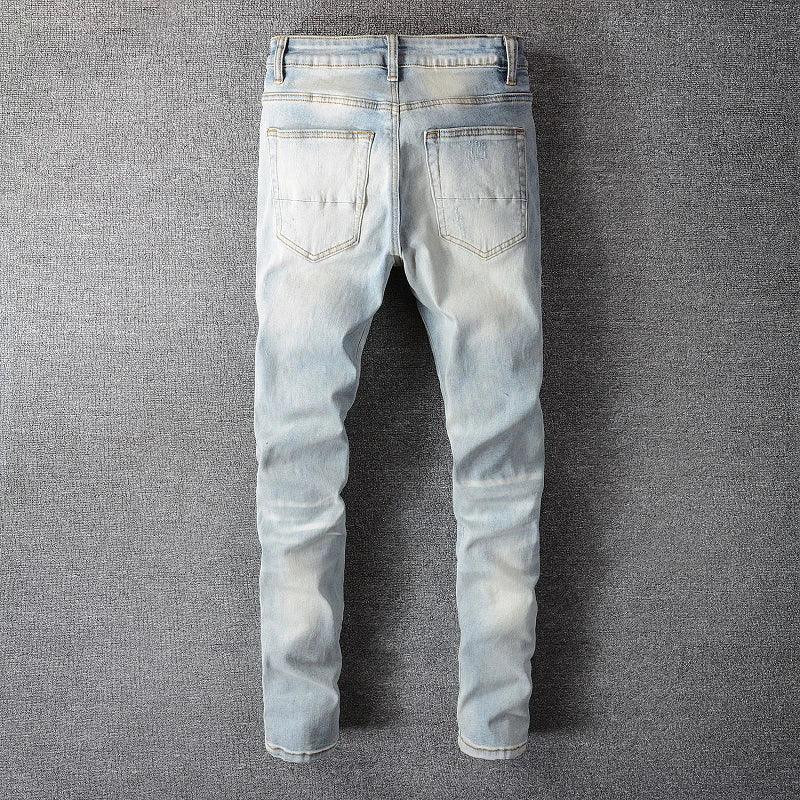 Men’s Light Blue Denim Ripped Patchwork Jeans - ShopHub