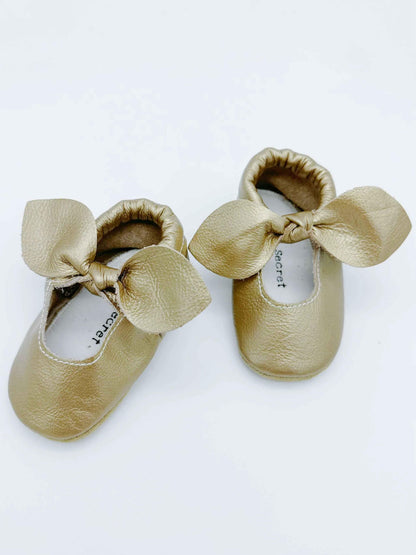 Bow Gold Baby Leather Flat Shoes