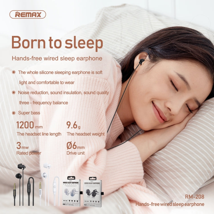REMAX RM-208 In-Ear Stereo Sleep Earphone with Wire Control + MIC, Support Hands-free
