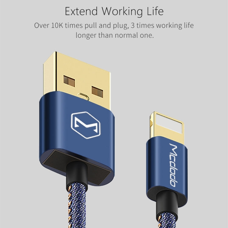 Mcdodo CA-1730 1.2m 2.4A Reversible 8 Pin to USB Denim Cover TPE Jacket Data Sync Charging Cable with Aero Aluminum Head for iPhone, iPad(Denim Blue)