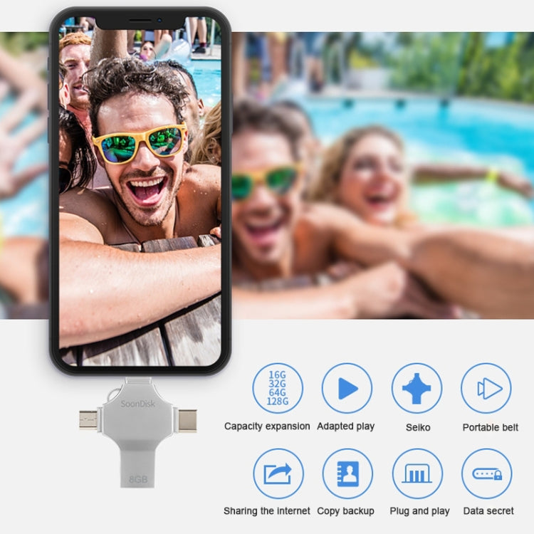 4 in 1 8GB USB 3.0 + 8 Pin + Mirco USB + USB-C / Type-C Dual-use Flash Drive with OTG Function