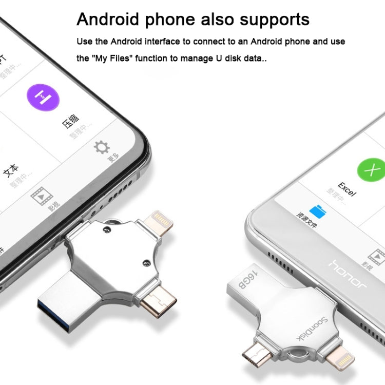 4 in 1 16GB USB 3.0 + 8 Pin + Mirco USB + USB-C / Type-C Dual-use Flash Drive with OTG Function