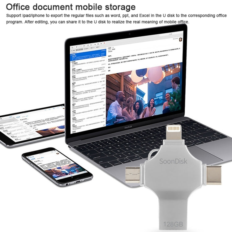 4 in 1 128GB USB 3.0 + 8 Pin + Mirco USB + USB-C / Type-C Dual-use Flash Drive with OTG Function