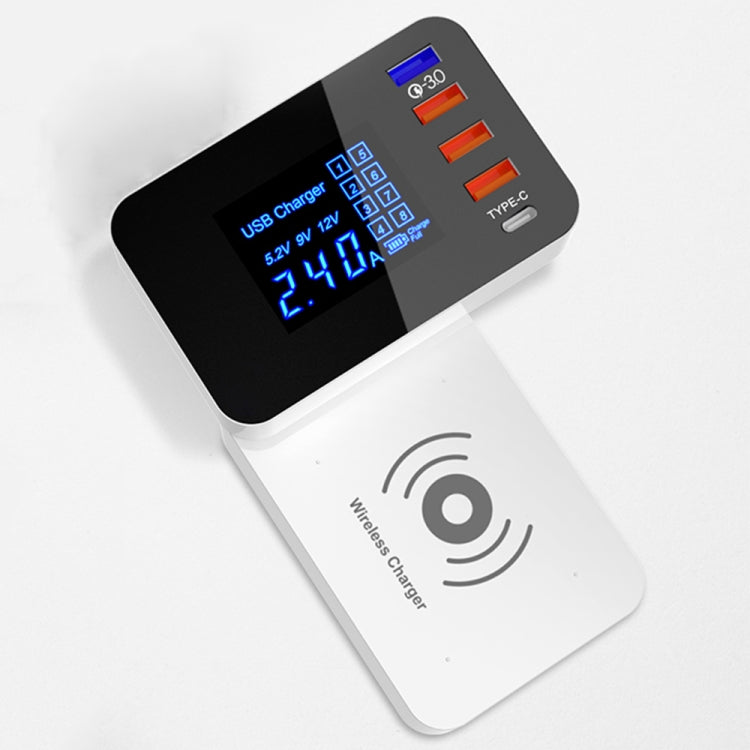 CDA33QW 40W QC 3.0 USB Ports + 3 USB Ports + USB-C / Type-C Ports + Wireless Charging Multi-function Foldable Charger with LED Display, UK Plug