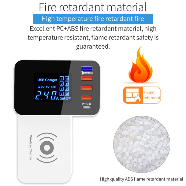 CDA33QW 40W QC 3.0 USB Ports + 3 USB Ports + USB-C / Type-C Ports + Wireless Charging Multi-function Foldable Charger with LED Display, US Plug