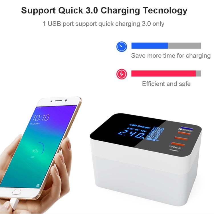 CDA33QW 40W QC 3.0 USB Ports + 3 USB Ports + USB-C / Type-C Ports + Wireless Charging Multi-function Foldable Charger with LED Display, US Plug