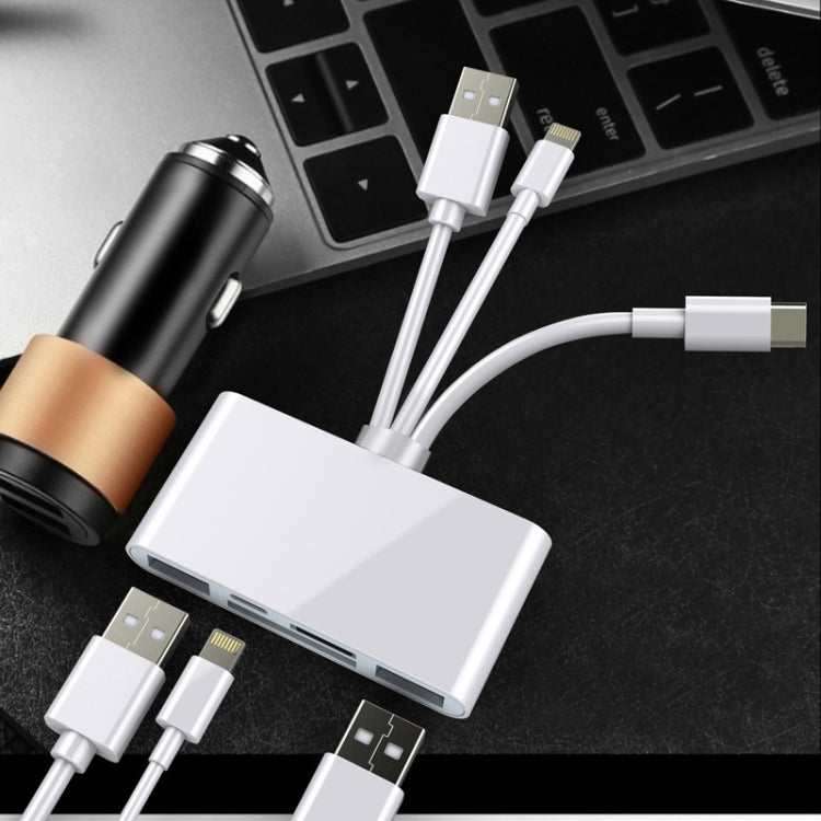 5 in 1 8 Pin + Type-C / USB-C + USB + TF Card + SD Card Multi-function Camera Reader Adapter