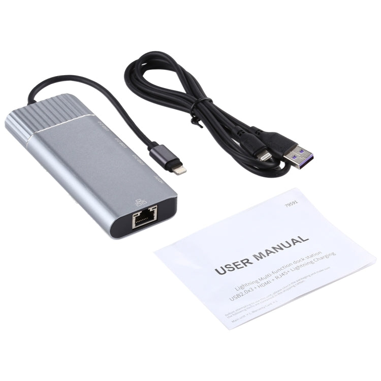 6 in 1 USB 2.0 x 3 + HDMI + RJ45 + 8 Pin Female Charging Port to 8 Pin Male Multi-function Dock Station Adapter