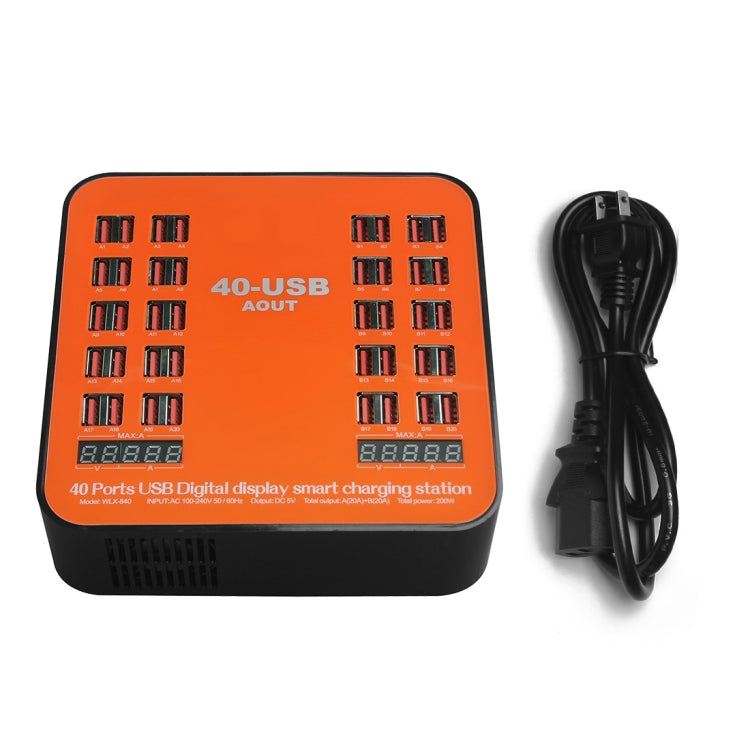 WLX-840 200W 40 Ports USB Digital Display Smart Charging Station AC100-240V, US Plug (Black+Orange)