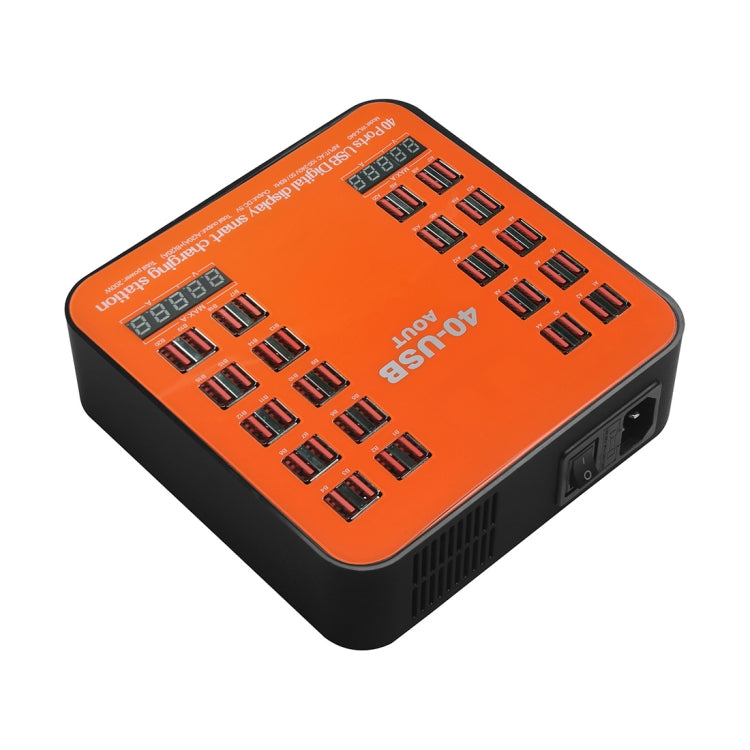 WLX-840 200W 40 Ports USB Digital Display Smart Charging Station AC100-240V, EU Plug (Black+Orange)