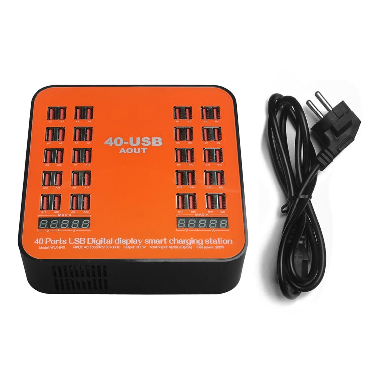 WLX-840 200W 40 Ports USB Digital Display Smart Charging Station AC100-240V, EU Plug (Black+Orange)