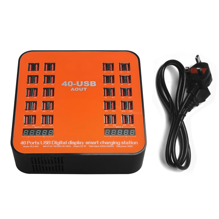 WLX-840 200W 40 Ports USB Digital Display Smart Charging Station AC100-240V, UK Plug (Black+Orange)
