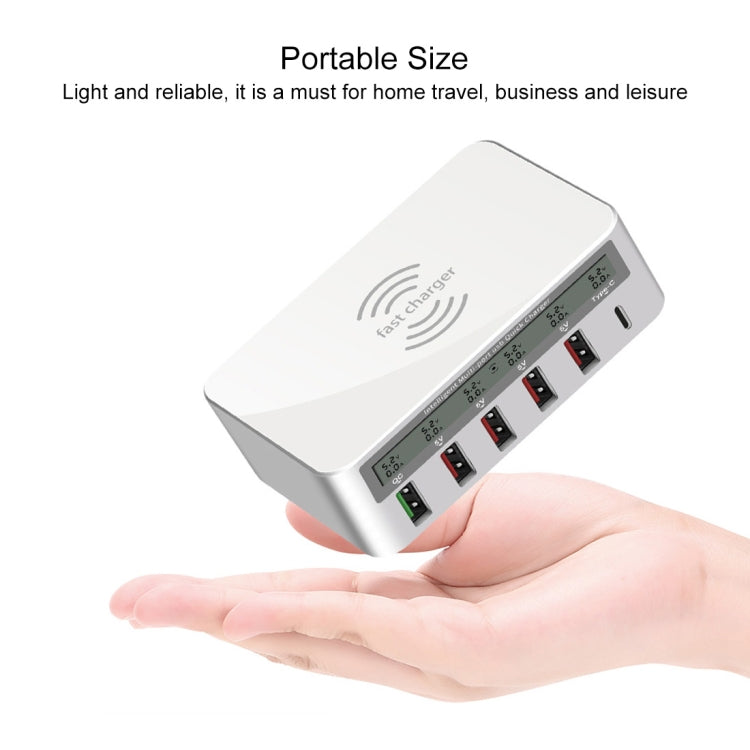 WLX-818F 6 in 1 10W QC3.0 Wireless Charging + USB-C / Type-C + 4 USB Ports Charger with Smart LCD Display Screen, EU / AU Plug