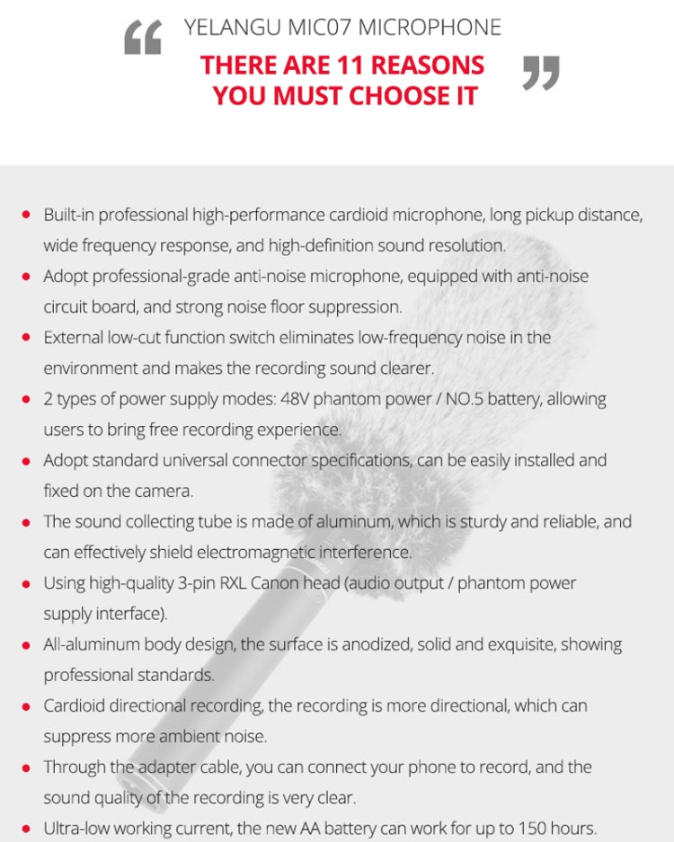 YELANGU YLG9933A MIC07 Professional Interview Condenser Video Shotgun Microphone with 6.5mm Audio Adapter & 3.5mm RXL Audio Cable