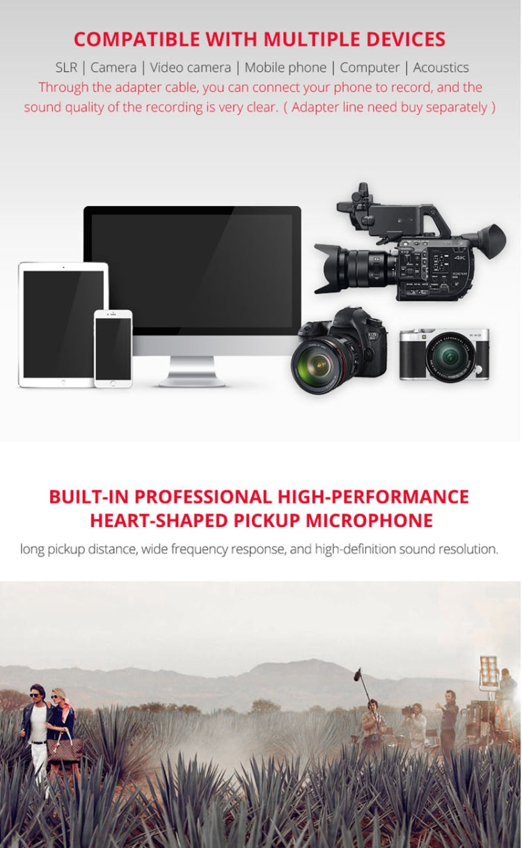 YELANGU YLG9933A MIC07 Professional Interview Condenser Video Shotgun Microphone with 6.5mm Audio Adapter & 3.5mm RXL Audio Cable