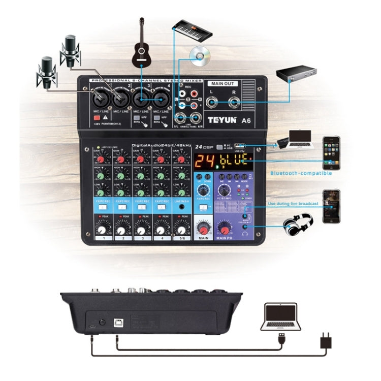 TEYUN NA6 6-channel Small Mixing Console Mobile Phone Sound Card Live Broadcast Computer Recording Console Processor, EU Plug