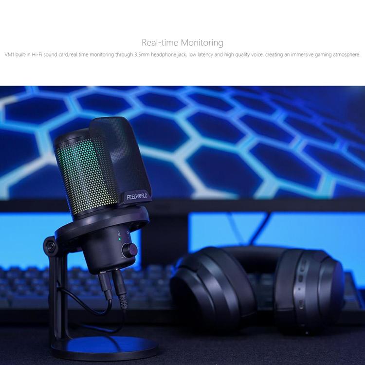 FEELWORLD VM1 USB Condenser Gaming Microphone for Streaming Noise Cancellation Mute RGB Light Desktop Stand