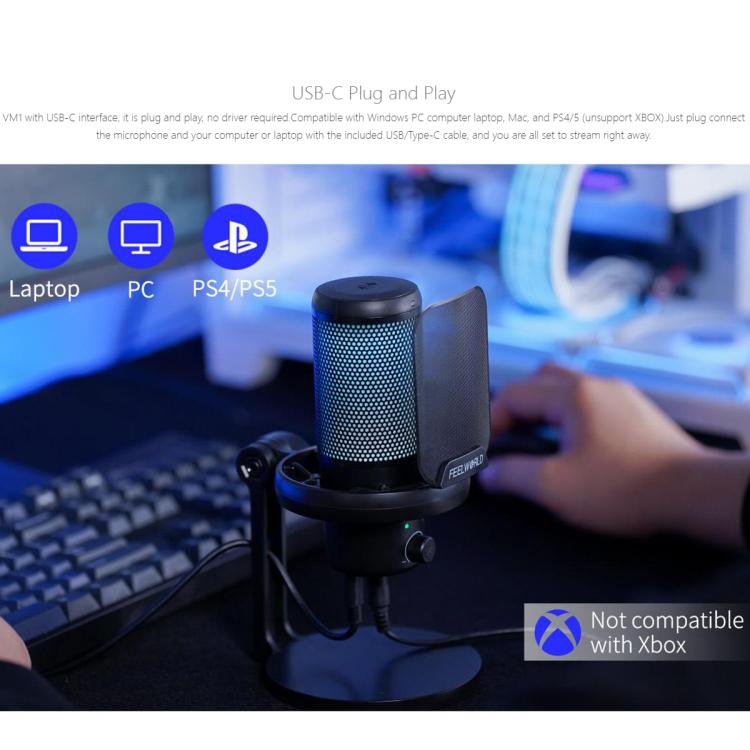 FEELWORLD VM1 USB Condenser Gaming Microphone for Streaming Noise Cancellation Mute RGB Light Desktop Stand