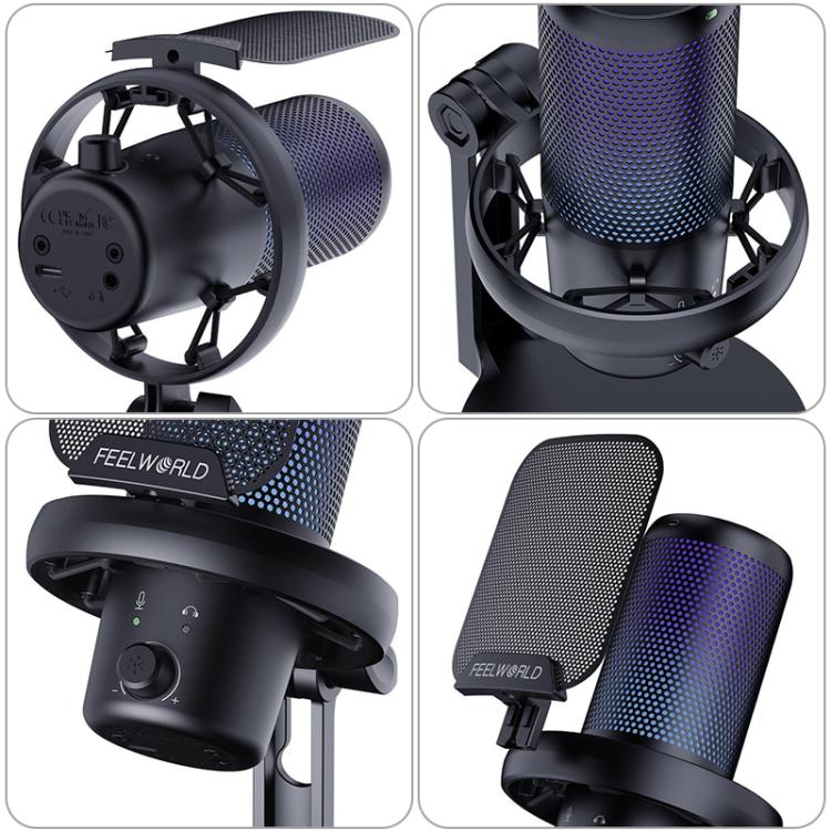 FEELWORLD VM1 USB Condenser Gaming Microphone for Streaming Noise Cancellation Mute RGB Light Desktop Stand