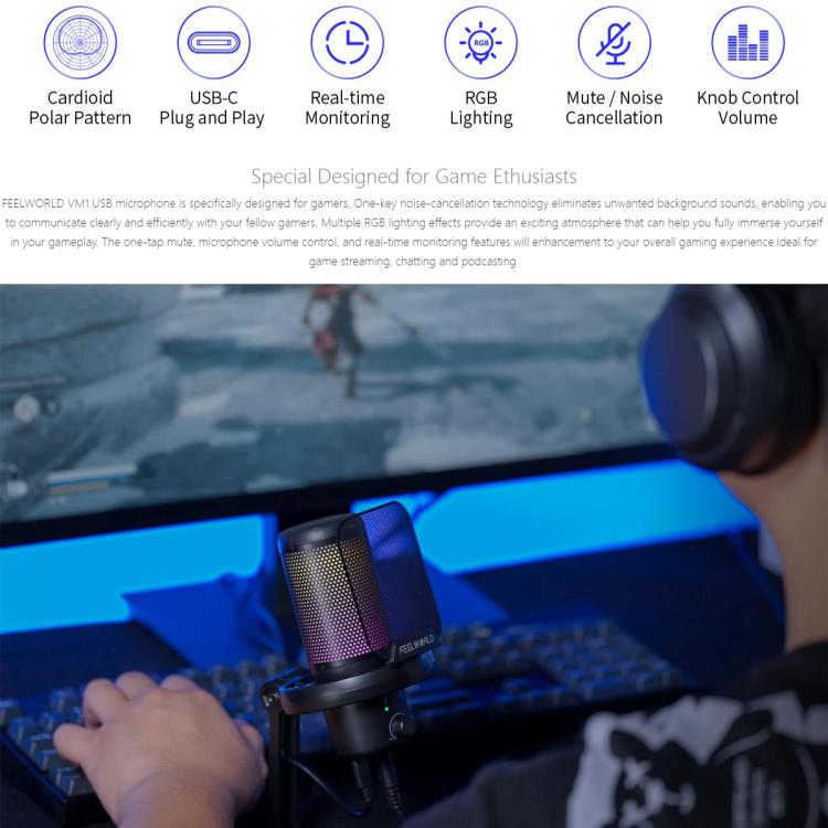 FEELWORLD VM1 USB Condenser Gaming Microphone for Streaming Noise Cancellation Mute RGB Light Desktop Stand