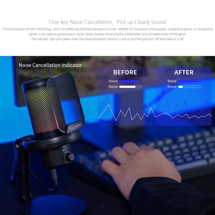 FEELWORLD VM1 USB Condenser Gaming Microphone for Streaming Noise Cancellation Mute RGB Light Desktop Stand