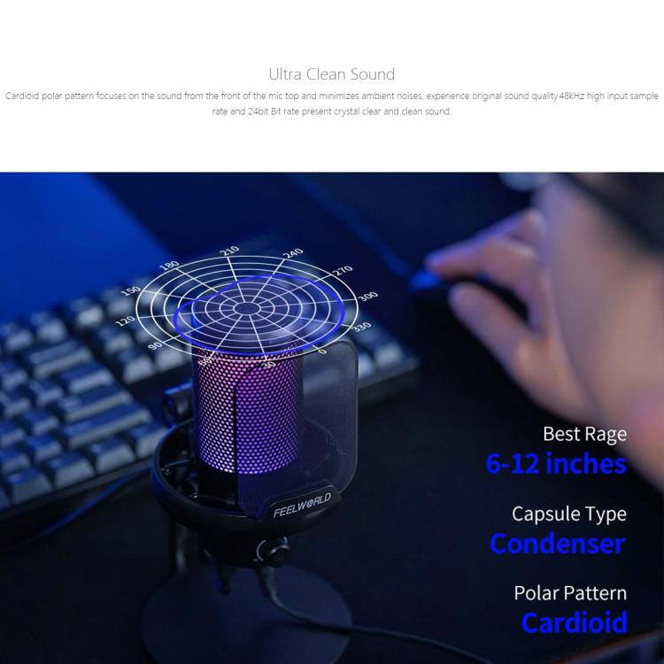 FEELWORLD VM1 USB Condenser Gaming Microphone for Streaming Noise Cancellation Mute RGB Light Desktop Stand