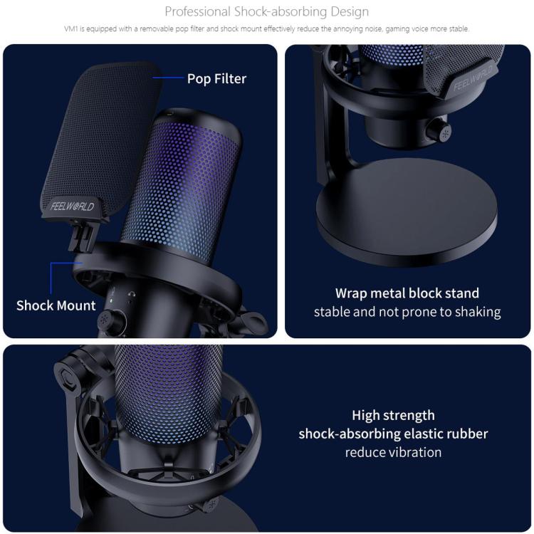 FEELWORLD VM1 USB Condenser Gaming Microphone for Streaming Noise Cancellation Mute RGB Light Desktop Stand