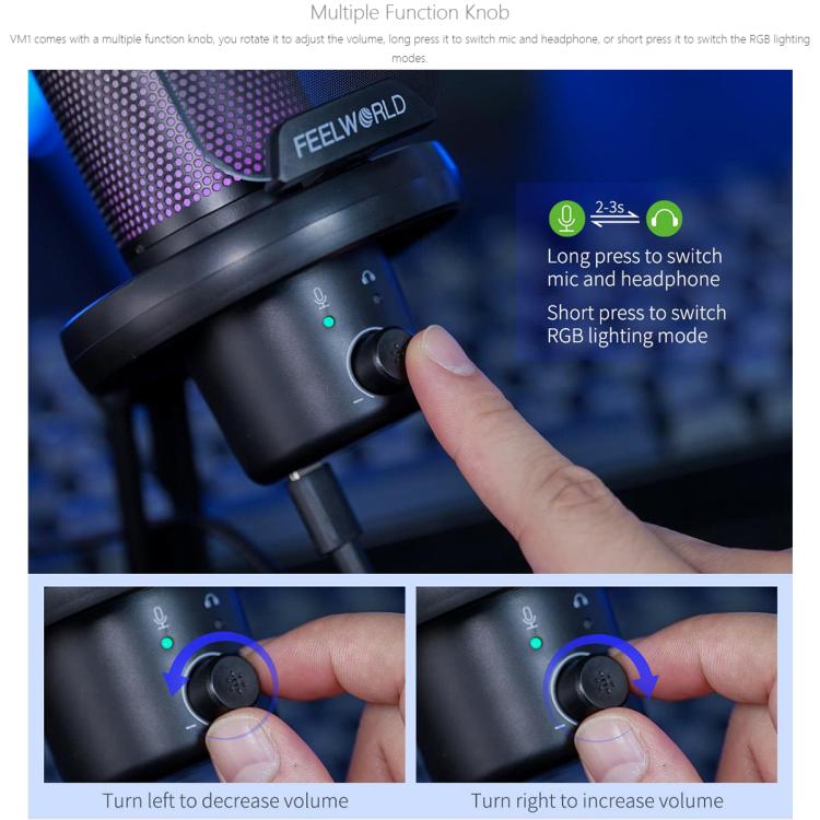 FEELWORLD VM1 USB Condenser Gaming Microphone for Streaming Noise Cancellation Mute RGB Light Desktop Stand